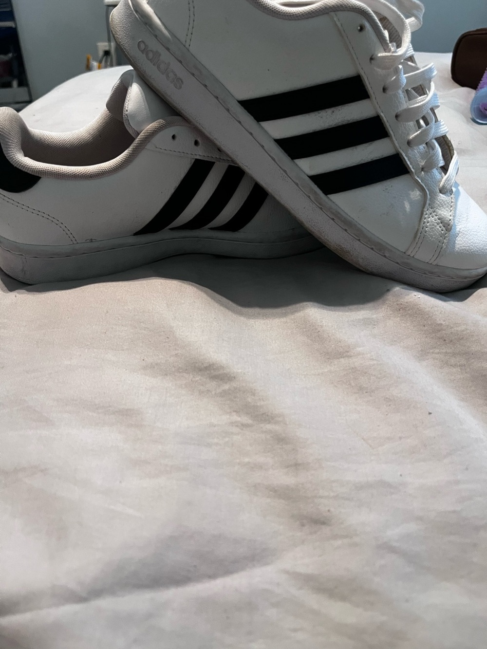 adidas women’s White Sneakers with Black Stripes - Low Top size 8